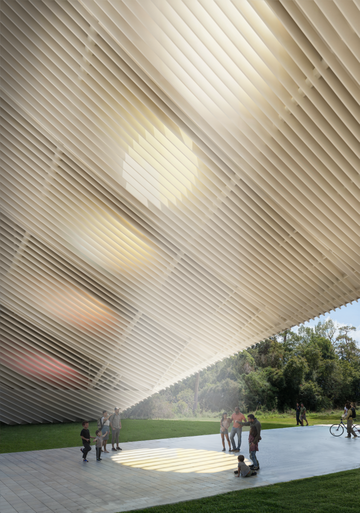 Arch of Time is a Land Art Generator artwork designed by Riccardo Mariano. Incorporating solar photovoltaic modules it will generate 400,000 kWh per year, offsetting the electricity demand of the surrounding city. The artwork makes for an exceptional venue for events, learning, discovery, and play. As a time measuring device, the Arch keeps track of the sun as it moves across the sky, engaging visitors with a magical light display within a comfortably shaded outdoor space. Originally a submission to LAGI 2019 Abu Dhabi. View from inside the Arch framing the park beyond.