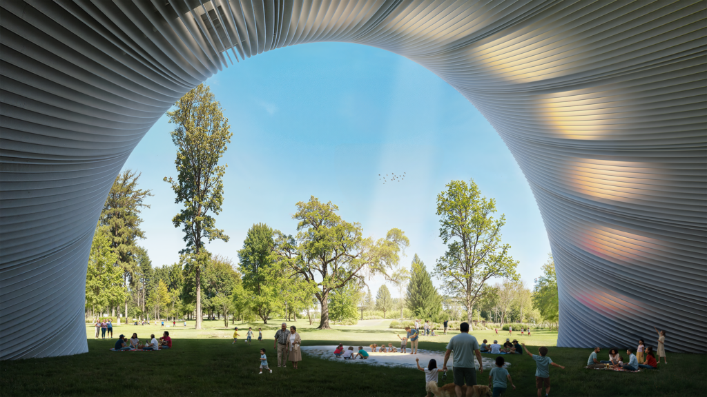 Arch of Time is a Land Art Generator artwork designed by Riccardo Mariano. Incorporating solar photovoltaic modules it will generate 400,000 kWh per year, offsetting the electricity demand of the surrounding city. The artwork makes for an exceptional venue for events, learning, discovery, and play. As a time measuring device, the Arch keeps track of the sun as it moves across the sky, engaging visitors with a magical light display within a comfortably shaded outdoor space. Originally a submission to LAGI 2019 Abu Dhabi. View from inside the Arch framing the park beyond.